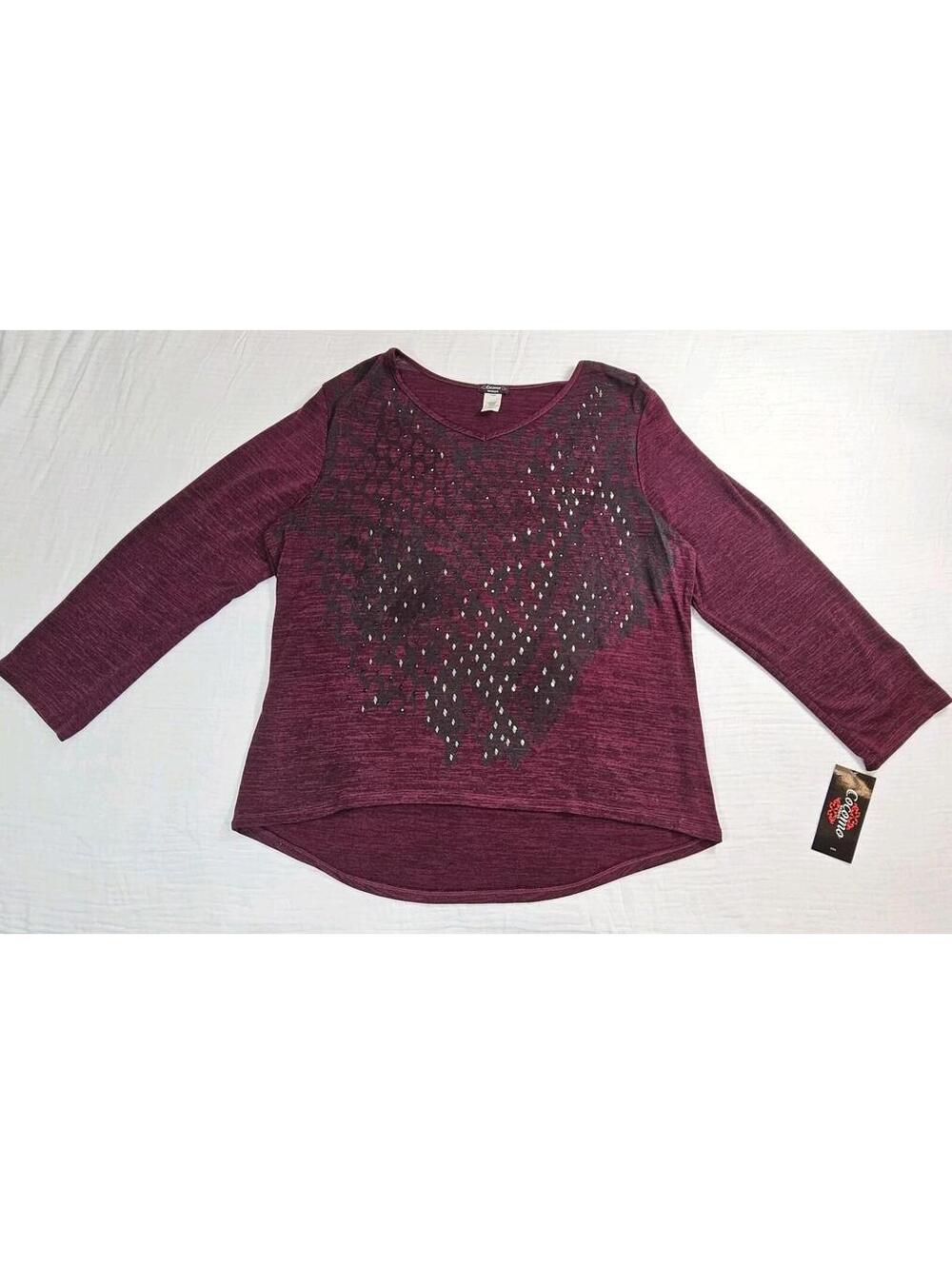 New Women's Plus Size 3X Cocomo V-Neck Top Women’s Wine/Black/Grey Long Sleeve
